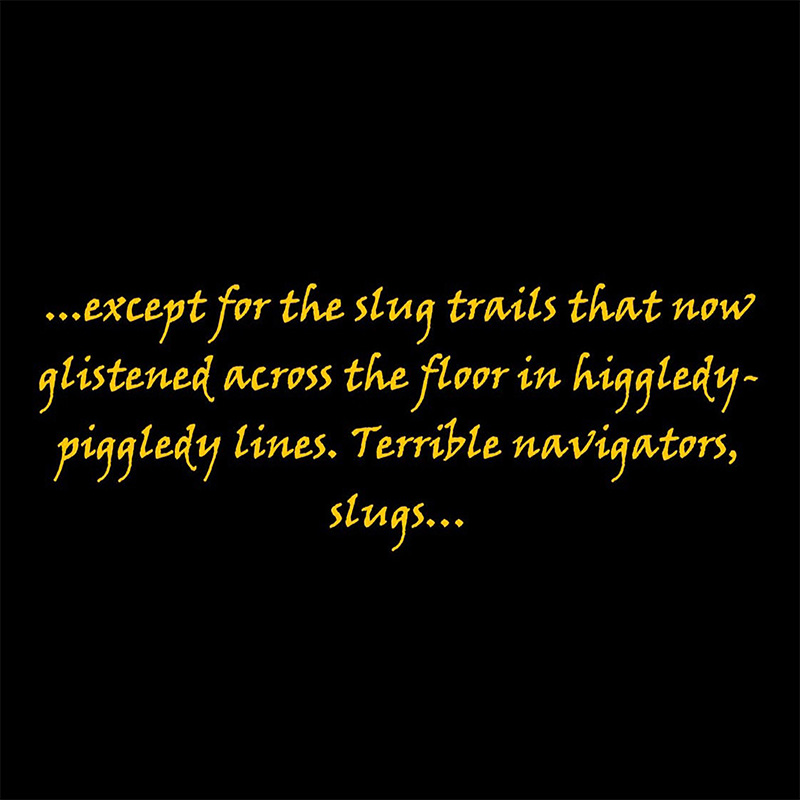Quote from Diamond Spice: except for the slug trails that now glistened across the floor